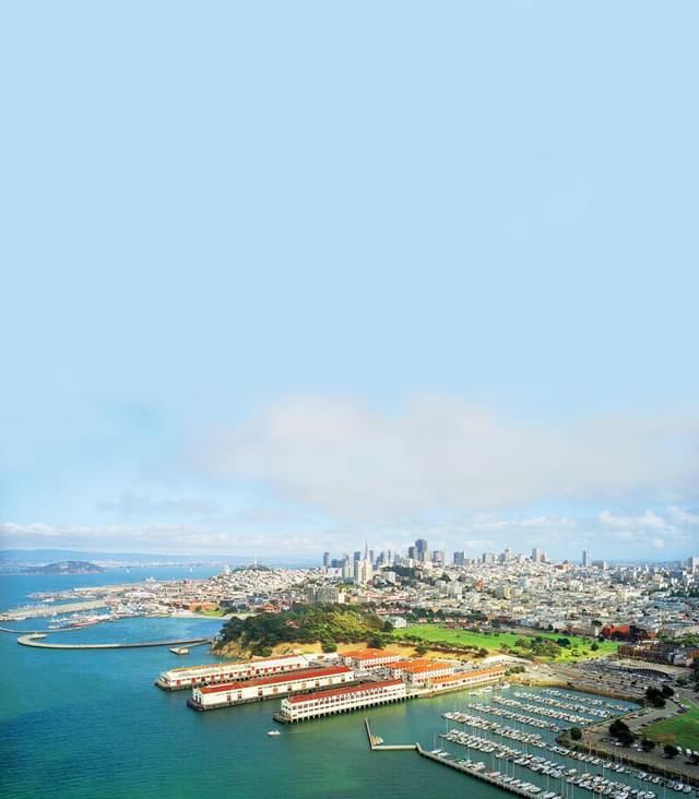 Aerial view on a sunny day of Fort Mason, San Francisco.