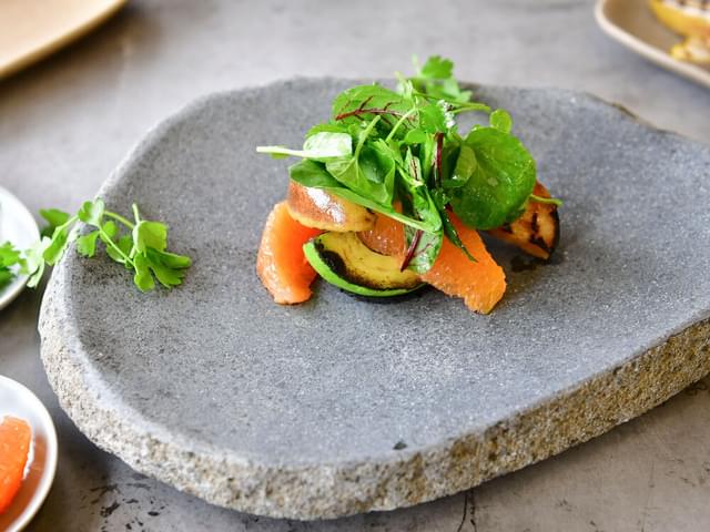 Grilled pear and charred avocado salad.